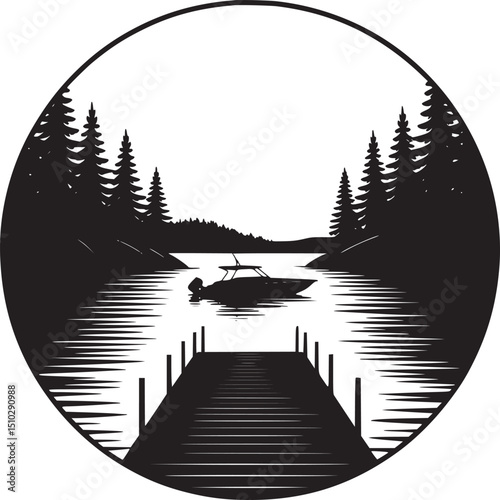 A monochrome lake scene with a boat dock and trees in a circular frame
