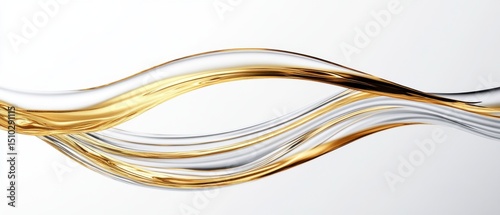 Flowing strands of liquid gold and silver entwine gracefully against a minimalist background in a dynamic display of movement and elegance