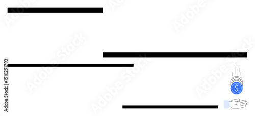 Hand reaches to catch a falling coin with a dollar symbol, surrounded by simple horizontal black bars representing movement, direction, or progress. Ideal for finance, savings, investment, growth