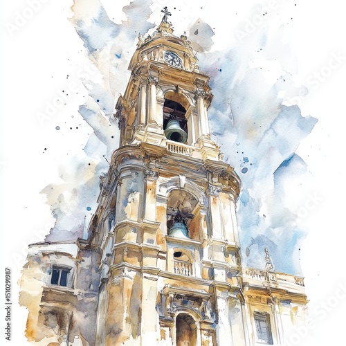 A Watercolor Impression of a Bell Tower Reaching for the Sky