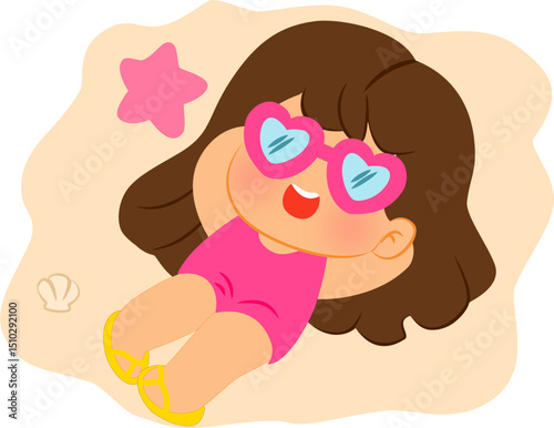  illustration of girl sunbathing on beach