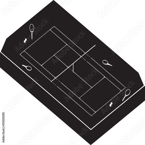 Isometric view of a tennis court with rackets and tennis balls placed on it