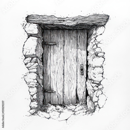 A weathered wooden door set within a stone wall, depicted in a detailed ink drawing.