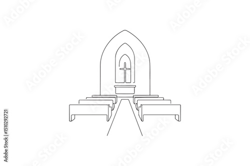 Church interior continuous one line drawing minimalism design