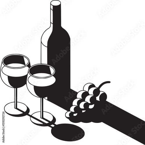 Isometric illustration of wine bottle glasses and grapes in black and white