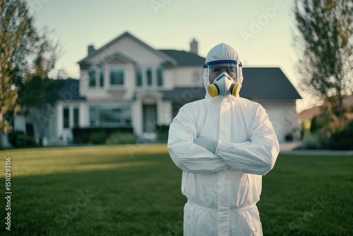 Man in full protective suit with respirator and face shield standing in a green yard at sunset. Concept of biohazard safety, pandemic response, disinfection, or contamination prevention. Copy space