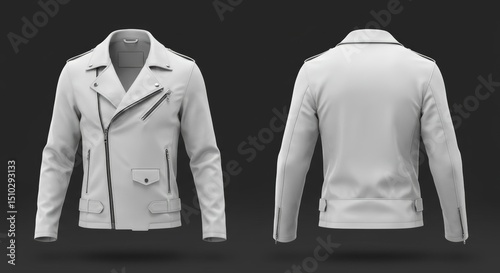 Men's white leather jacket, front and back view, displayed against a dark background. Product mockup for fashion retail/design use.