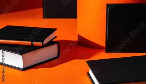 Stacked Black Books With Orange Background