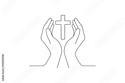 Hands holding cross continuous one line drawing minimalism design