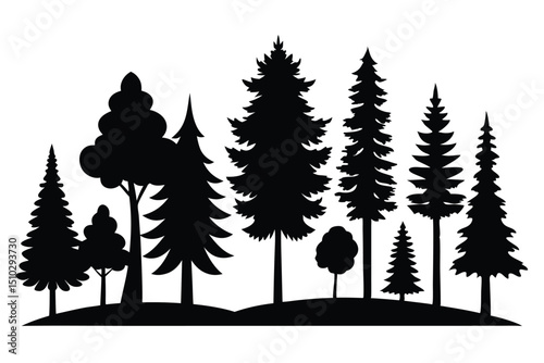 Silhouettes of various trees in a forest landscape