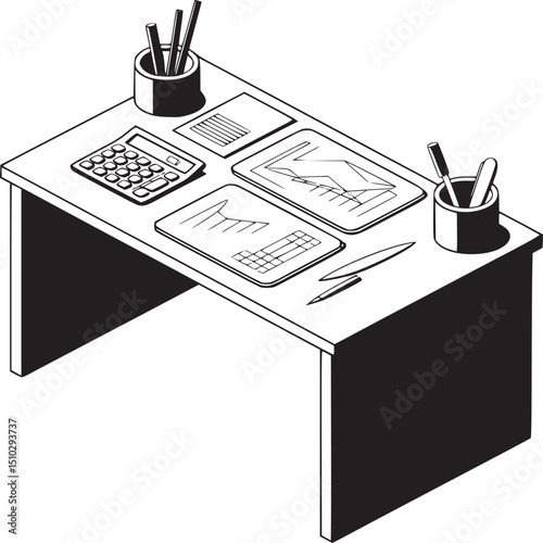 Isometric view of desk with calculator charts and writing implements