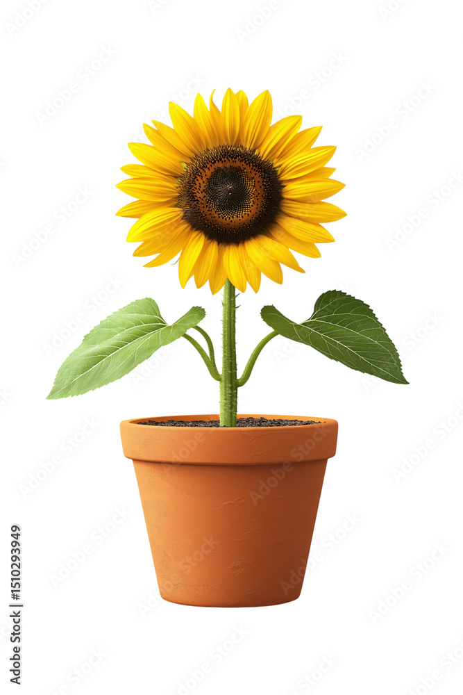 Fototapeta premium Decorative sunflower in flower pot isolated on white, great for home and garden themed
