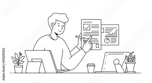 Young Male Professional Analyzing Data Charts in Modern Workspace