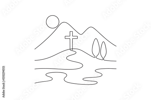Peaceful nature with cross overlay continuous one line drawing minimalism design