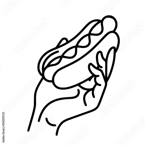 Line drawing of a hand holding a hot dog in minimalist style , single line outline vector