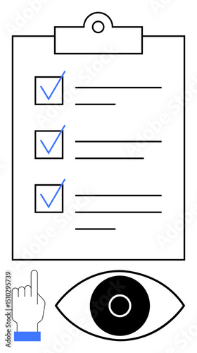 Checklist on clipboard with three check-off boxes ticked, eye symbolizing visibility, and a hand pointer indicating interactivity. Ideal for tasks, monitoring, productivity, focus, organization