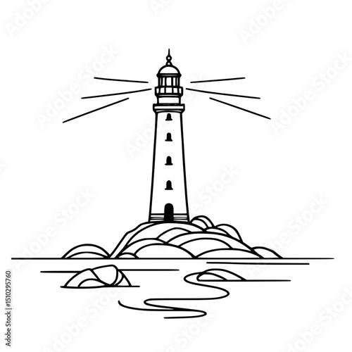 Lighthouse drawing with rays shining on rocky shore in vector style  