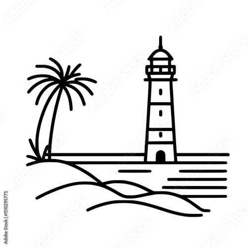 Lighthouse with palm tree on sandy beach in single line outline vector  
