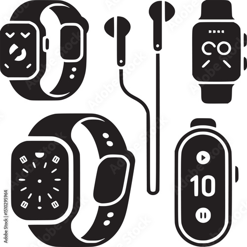 A collection of smart watches and earphones in a black and white image