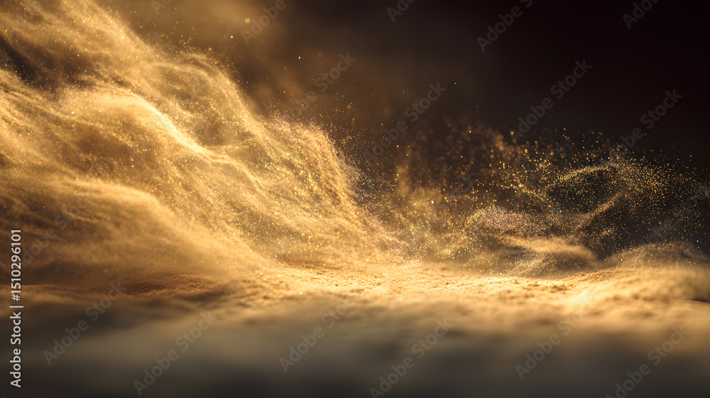 Naklejka premium Golden Dust Storm: A breathtaking vista of a golden dust storm, billowing across a desert landscape, creating a surreal and dramatic scene.
