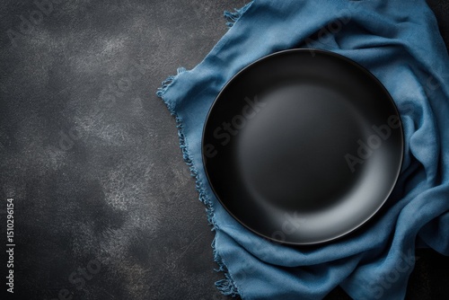 Empty matte black plate on turquoise fabric napkin over dark textured surface. Minimal top-down composition perfect for menu mockups, food blogs, restaurants, or elegant culinary presentations