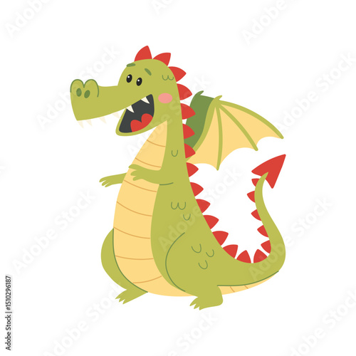 Cute green dragon cartoon vector Illustration isolated on a white background.