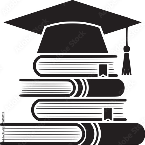 Black graduation cap placed on a stack of books in a graphic design