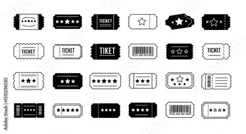 Black and White Ticket Icon Set – Cinema, Event, Coupon, and Barcode Symbols Collection photo