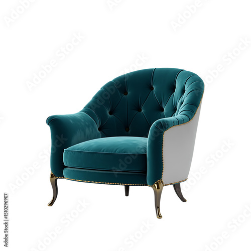 Teal velvet armchair with gold accents isolated on transparent background