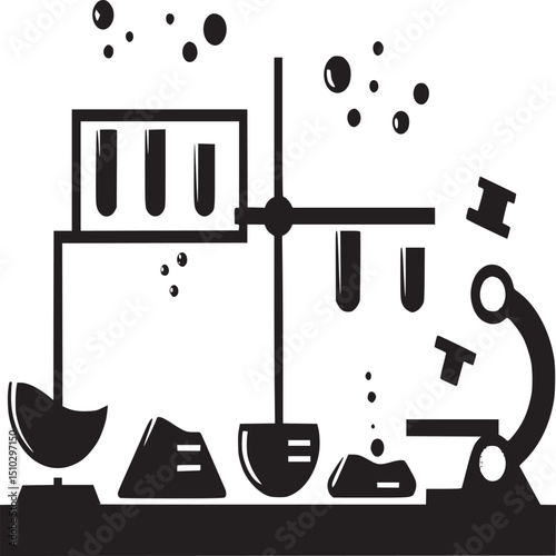 Illustration of laboratory equipment with beakers test tubes and microscope