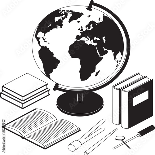 Isometric illustration of globe books and writing instruments in black and white