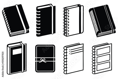 Black and white illustration of various notebooks and journals in flat design style