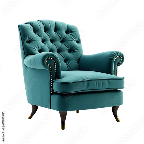 Luxurious teal armchair with button tufting isolated on black background