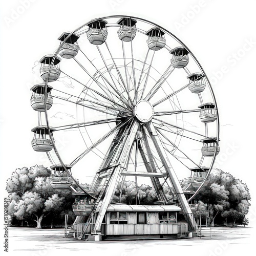 Monochromatic Ferris wheel in park setting. Detailed illustration of a vintage-style Ferris wheel, prominently displayed against a backdrop of trees and a small building