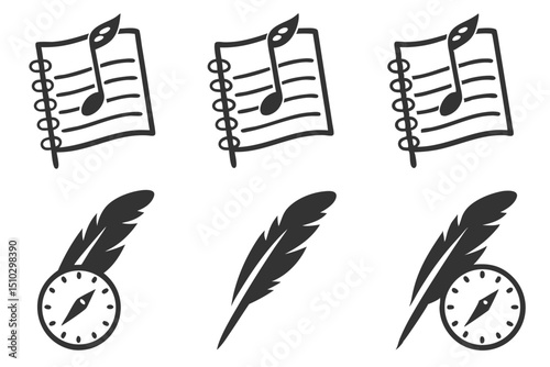 Hand drawn musical notes and feather icons paired with compass elements in a simple graphic design