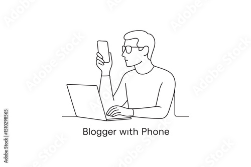 Blogger with Phone icon continuous one line drawing minimalism design