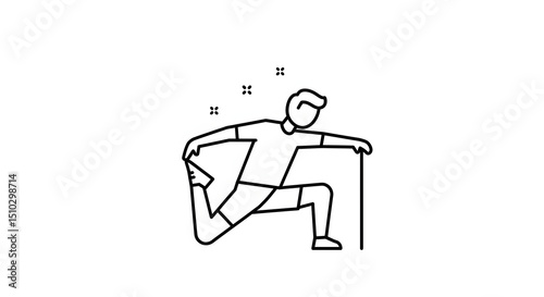 Simple Line Drawing of Man Doing Yoga Pose with Stick in Minimalist Style