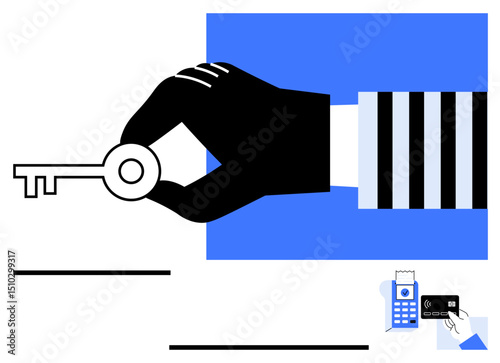 Black-gloved hand holding a key, digital payment terminal, and card on a blue and white background. Ideal for security, access, technology, payment, digital identity, safety concepts simple landing