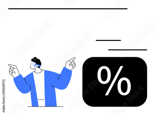 Person in VR headset pointing at percentage symbol representing statistics, innovation, digital transformation. Ideal for technology, finance, education, data analysis, virtual interactions