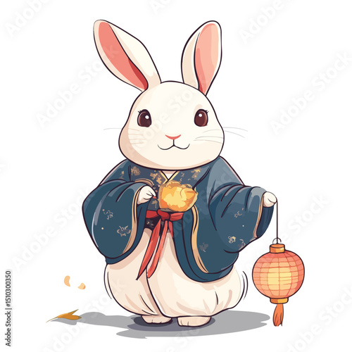 Adorable cartoon rabbit in traditional clothing with lantern, Eastern culture illustration
