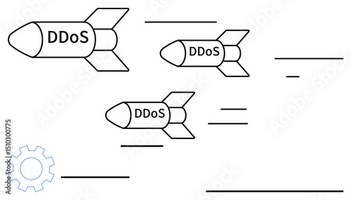 DDoS-labeled missiles flying toward gear icon, representing a cybersecurity attack. Ideal for online security, network protection, cyber defense, digital threats, IT vulnerability, system breach