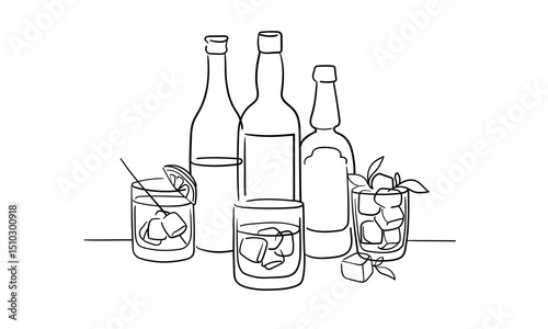 Alcohol with 3 glasses continious line drawing. Whiskey,  wine glasses with drinks. Cheers toast festive decoration for holidays. Vector illustration