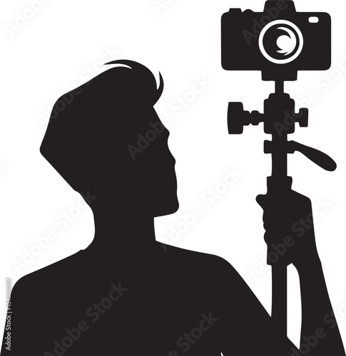 Vlogging and Selfie Silhouette Vector Set – Content Creators, Mobile Selfies, Tripod Recording, and Influencer Poses for Social Media