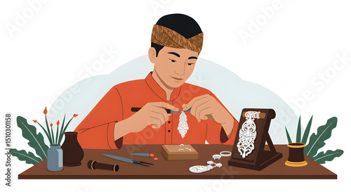 Young Man Wearing Traditional Headband Creating Silver Jewelry at Workbench in Artistic Studio