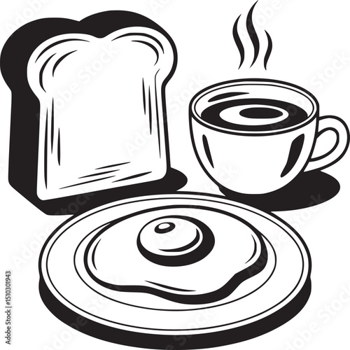 Black and white breakfast illustration with toast egg and coffee cup