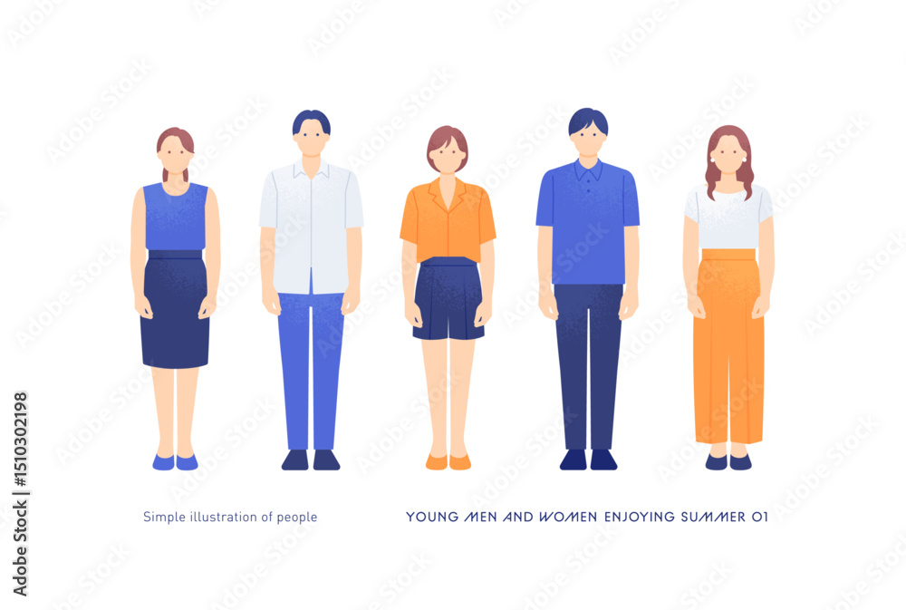 Fototapeta premium 夏の装いの若い男女5人組 正面全身ベクターイラスト素材