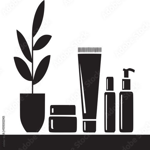 Black and white illustration of plant and toiletries on a shelf space