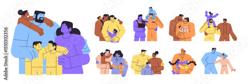 Happy families with kids hugging set. Parents and children embrace together. Mothers and fathers cuddle, hold baby, love and support each other. Flat isolated vector illustrations on white background