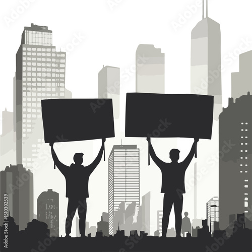 Protesters Demonstrating by Lifting Banners Silhouettes in Street Rally