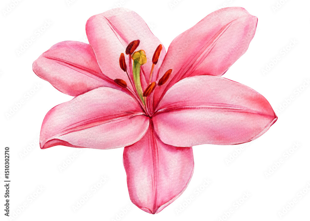 Obraz premium Pink Lily Flower Watercolor Illustration, Elegant Botanical Bloom, Hand Painted Floral Clipart Isolated, Spring Summer Decor Art
